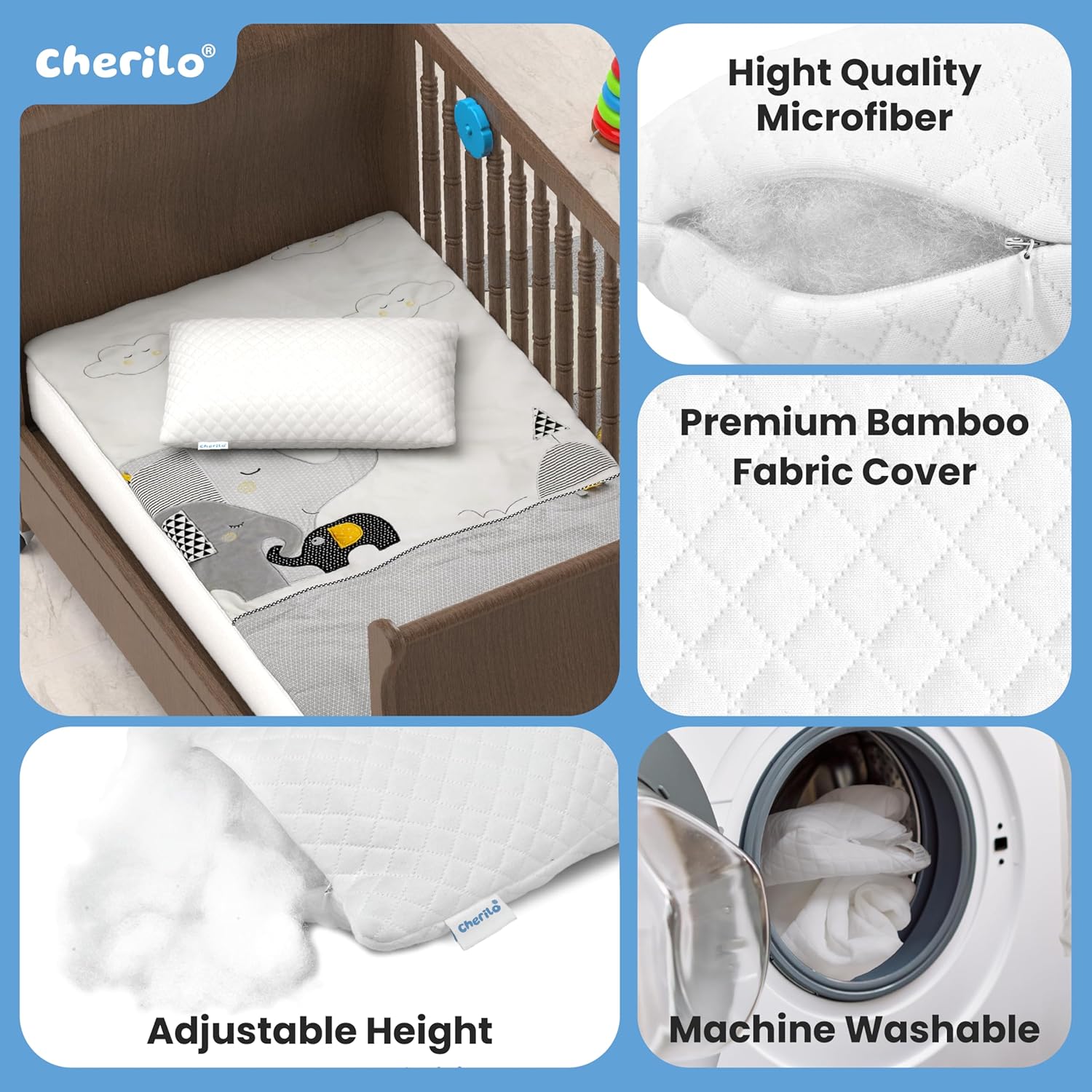 Adjustable Microfiber Kids Pillow | Soft Cover, 12x18 Inches