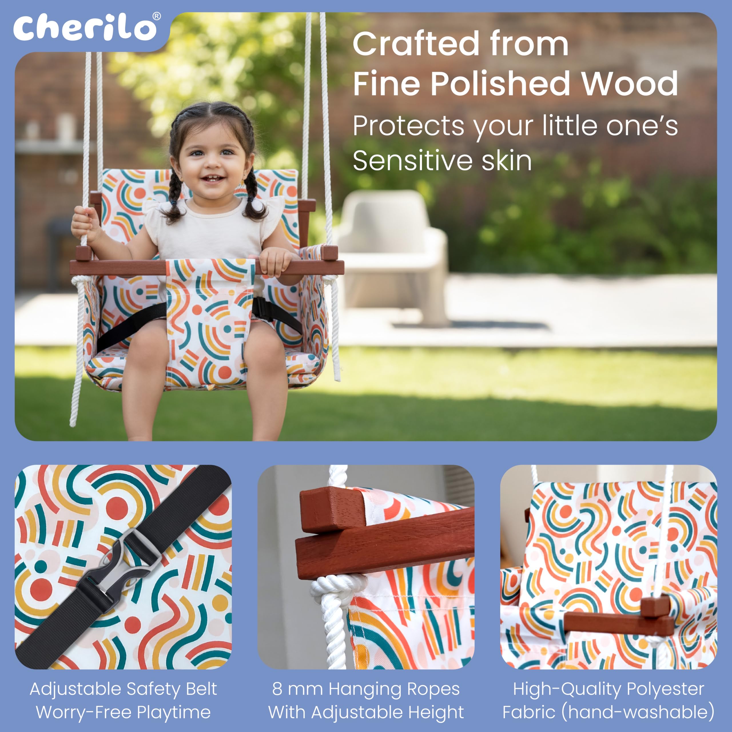 Wooden Baby Swing (6 Months–5 Years) Indoor/Outdoor | Safe Jhula with Cushions Secondary image